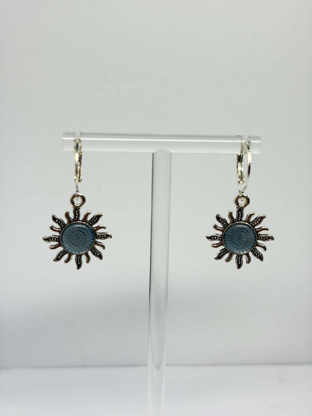 Stainless Steel Silver-Tone Sun Leverback Earrings with Blue Center